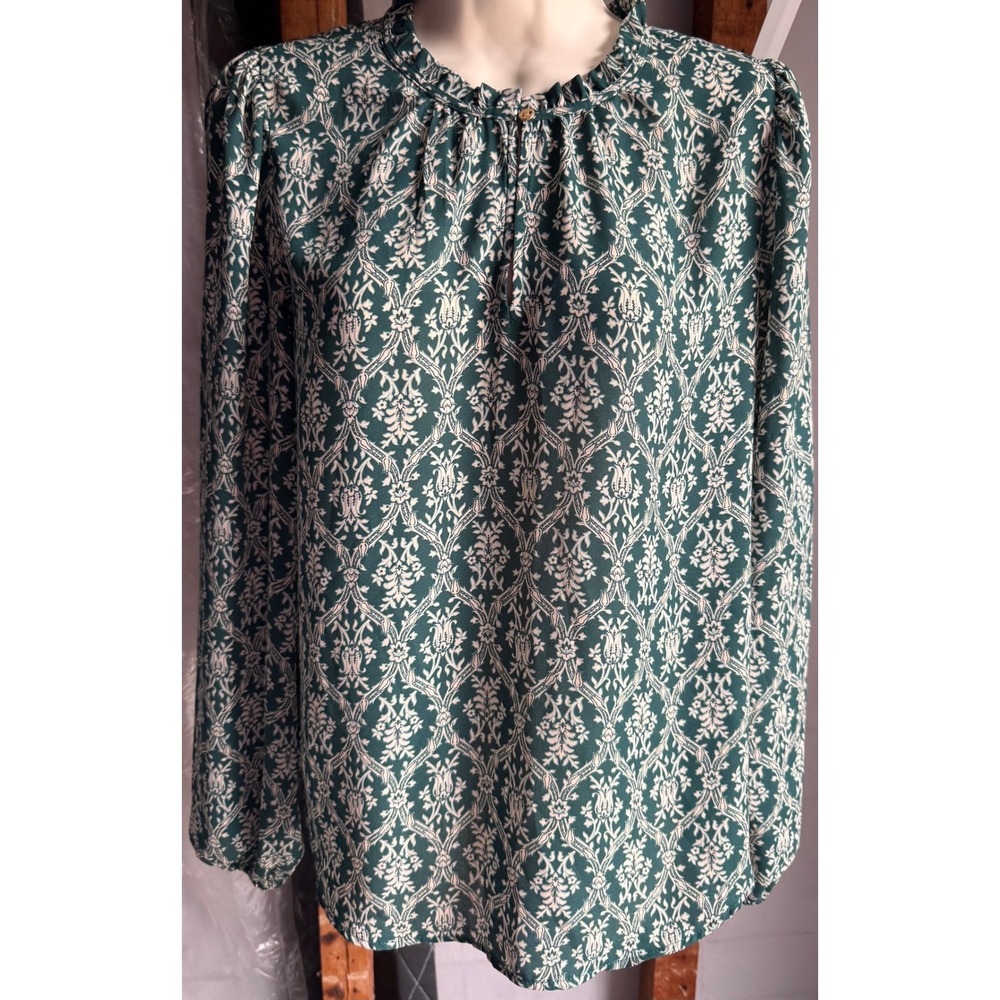 Loft Outlet Green Damask Floral Ruffle Neck Blouse Medium Long Sleeve Top